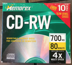 10 PACK - Memorex CD-RW 4X  80 Min 700 Mb Rewritable CD in Slim Jewel Ca... - $12.99