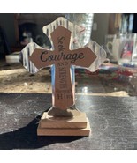 Religious Christian Steel&amp;Wooden Cross Décor SEEK COURAGE &amp; STRENGTH THR... - $7.94