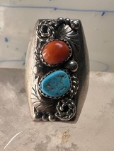 Navajo ring turquoise coral long band size 8.5 sterling silver women men - £168.72 GBP