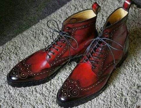 Men Two Tone Brown Black Brogue Toe Wing Tip High Ankle Leather Boot US 7-16