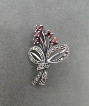 Sterling Silver Brooch Red Stones Flower Spray Bouquet Leaf Marcasites S... - $21.99