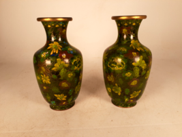 Vintage Pair of Chinese Cloisonne Floral Vases, Greens and Reds, 7&quot;T - £58.01 GBP
