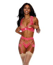 Lace Underwire Peek a Boo Bra, Garterbelt &amp; G-String Coral XXL - £22.78 GBP