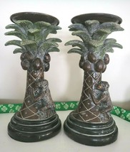 Heavy Designer Palm Tree Candlesticks with Monkeys, Coconuts 8&quot; Set Of 2 - £35.73 GBP