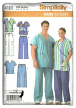 Simplicity 4101 Misses and Mens S to L Scrub Tops and Pants Uncut Sewing Pattern - £8.90 GBP