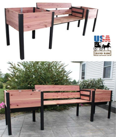 Primary image for 2 RAISED GARDEN BEDS with 4' BENCH - Solid Red Cedar