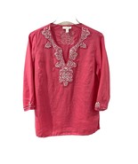 Charter Club Linen Tunic Top Size PM Petite Medium Dark Pink Beaded Trav... - $9.99