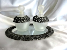 Metal Trim Crystal Satin 3 Piece Set Mirror Tray and 2 Perfume Bottles - $75.00