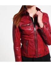 Women Leather Jacket Red Slim Fit Biker Motorcycle lambskin Size XS S M ... - £86.13 GBP