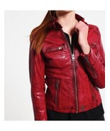 Women Leather Jacket Red Slim Fit Biker Motorcycle lambskin Size XS S M ... - £87.90 GBP