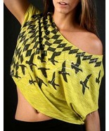 NEW Coutori Junior&#39;s Yellow Metallic Bird Print &amp; Lace Crop Top S L  - £23.69 GBP
