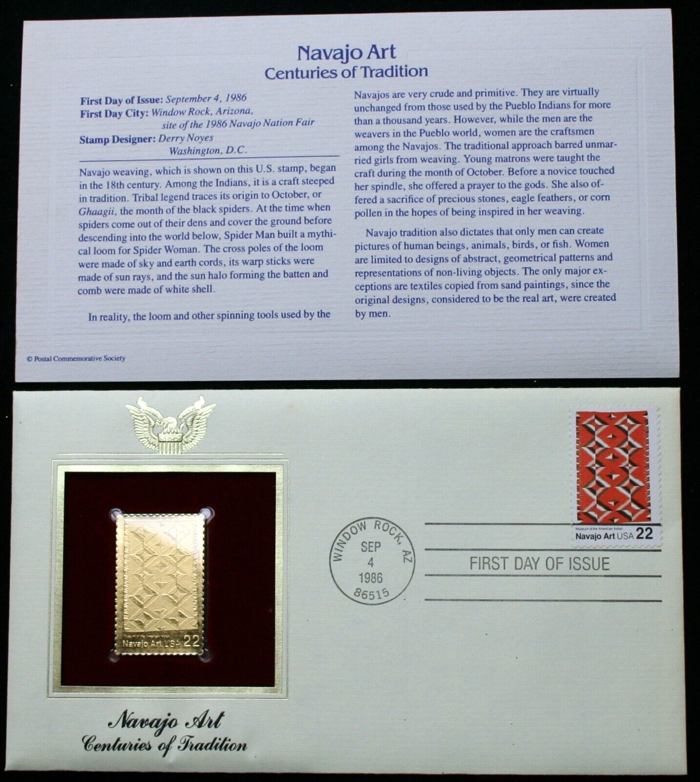 22¢ Navajo Art 1986 CENTURIES 22K Gold Stamp USPS 1ST Day of Issue 1987 - $11.14