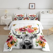 Highland Cow Floral Comforter Set Queen Size Bull Cattle Flower Bedding Set Wild - £76.71 GBP