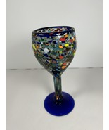 Art Glass Blown Glass Wine Water Glass Goblet Confetti Cobalt Rim and Base - $14.03