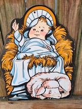 (2) 1992 Masonite wooden Baby Jesus Nativity Scene Hanging sign Christma... - $39.59