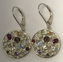 Multi Stone Sterling Silver Earrings Filigree Open Drop Shaped Dangle Top Design - £48.11 GBP