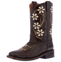 Girls Kids Dark Brown Flower Floral Embroidery Leather Cowboy Boots Square Toe - £43.95 GBP