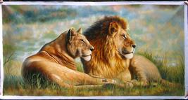 The Lion Couple on the Grassland Handmade Oil Painting  - $700.00+