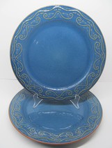 Pier 1 Imports Tunisia Set Of 2 Tan Scrolls On Blue 10 3/4&quot; Dinner Plates GUC - £23.17 GBP
