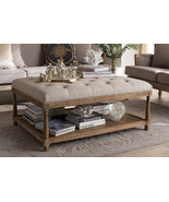 Larissa Weathered Oak Beige Linen Rectangular Coffee Table Ottoman - $14,429.63 MXN