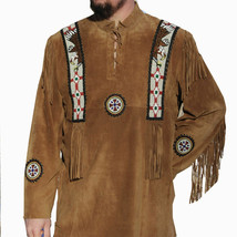 Men's Western Brown Suede Leather Fringe Beaded Mountain Man Pullover Shirt MM04 - £111.11 GBP+