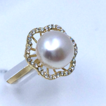 Women&#39;s Ring 14k Yellow Gold Button Real Pearl 9.45 mm Cubic Zirconia - £237.65 GBP