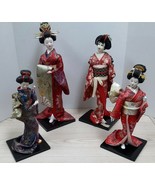 Nishi Set Of 4 Japanese Dolls Red Blue Wooden Formal Traditional Kimono - €115,86 EUR
