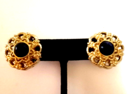 Vintage Gold Color with Black Bead  Stud PIERCED EARRINGS - £10.20 GBP