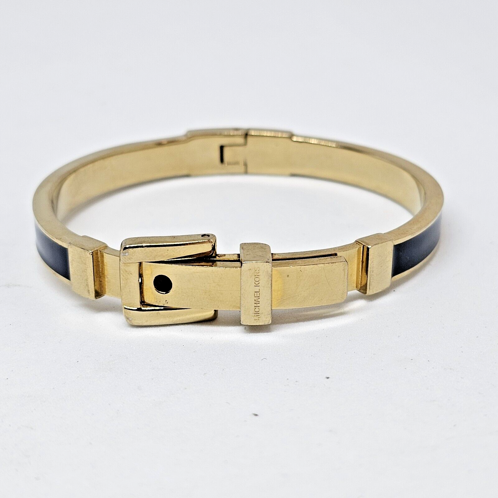Signed Michael Kors Gold Tone & Navy Blue Enamel Hinged Bangle Buckle Bracelet - £14.85 GBP