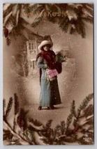 RPPC Christmas Pretty Woman Faux Snow Pine Cone Border Photo Postcard C39 - £11.71 GBP