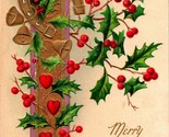 Vtg Postcard 1910s Unused - Merry Christmas Holly Horseshoe Embossed Hearts - $6.20
