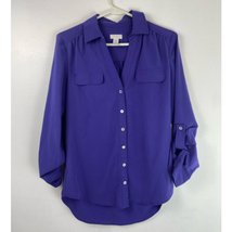 Chicos 0 V Neck Blouse Womens S 4 Button Pleat Back Roll Tab Sleeve Purple Soft - £12.74 GBP