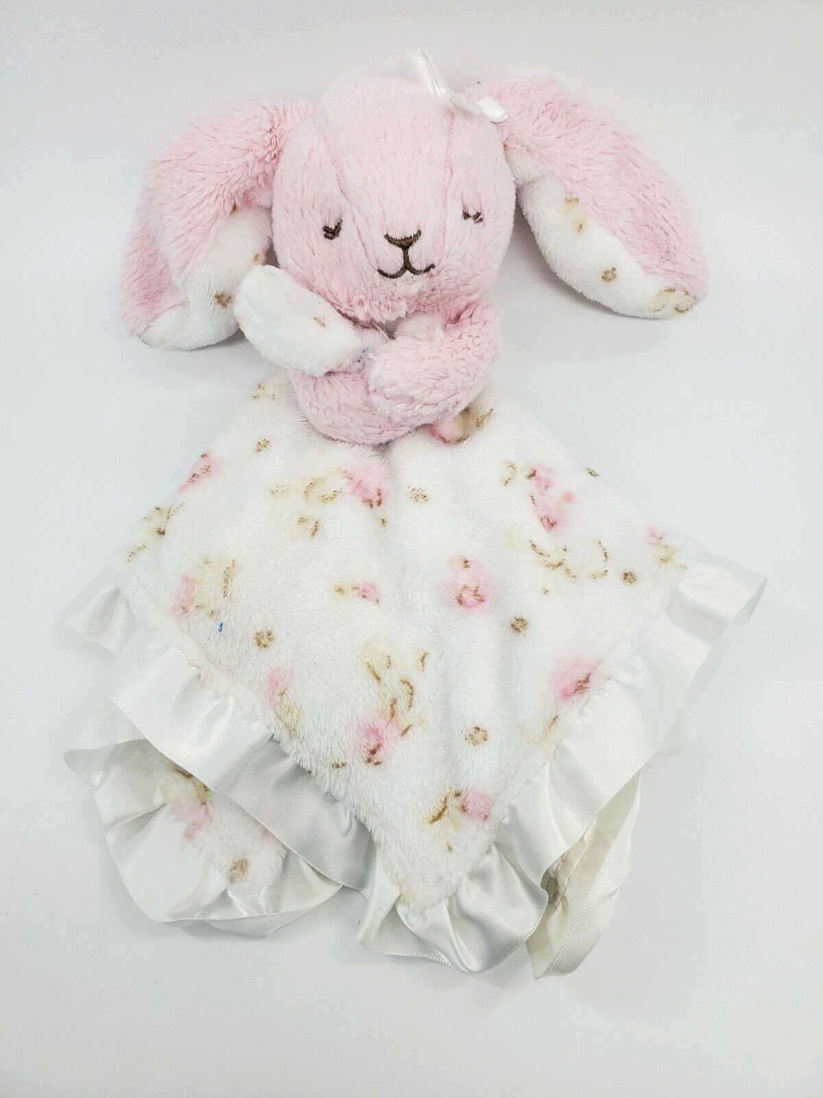 Little Me Bunny Rabbit Security Blanket Lovey Pink White Flowers Satin Trim B79 - $14.99