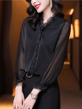 Elegant Women Chiffon Shirt Korean Blouse Office   Long Sleeve Ruffles V NeckTop - £42.49 GBP