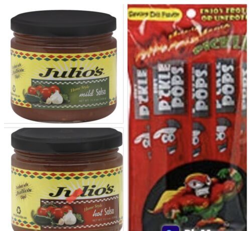 Julios hot and mild salsa 11.5 oz bundle. 1 of each. Bobs chamoy pickle pop incl - $44.52