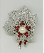 Flower Red Crystal Rhinestone Silver Tone Cute Brooch Pin White Wedding ... - £6.40 GBP