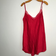 Victorias Secret Chemise M Red Satin Slip Lace Trim V Neck Night Gown Mini - £11.06 GBP