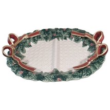 Vtg Fitz & Floyd 1994 Christmas Holiday Leaves 2 Section Server Dish Red Ribbon - £66.67 GBP
