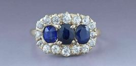 Early 1900s 14k Yellow Gold Over 3Ct Blue Sapphire &amp; Diamond Ring - £80.30 GBP