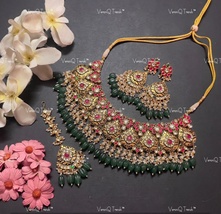 VeroniQ Trends-Traditional Bridal Pachi Kundan Kemp Stone Choker Necklace - $355.00