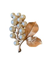 Vintage Crown Trifari Brooch Faux Pearl Grapes Textured Gold Tone Leaves - £31.63 GBP