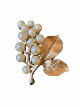 Vintage Crown Trifari Brooch Faux Pearl Grapes Textured Gold Tone Leaves - £30.94 GBP