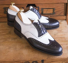 Handmade Men’s Leather Oxfords Wingtip White Dark Brown Brogue Stylish Shoes-193 - £172.28 GBP