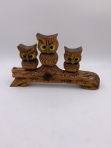 Vintage Rustic Folk Art Hand Crafter 3 Wooden Owl In Log Big Eyes  - £23.32 GBP