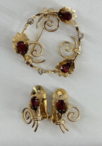 Vintage Art Deco Red White Stones Floral Brooch Earrings 12k GF 1/20 Signed T2 - £26.37 GBP