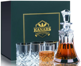 KANARS Crystal Whiskey Decanter Set w/ 4pcs Liquor Scotch Glasses - £44.98 GBP