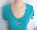 Sequins Embellished T-Shirt Aqua Blue Short Sleeve Tank Top CATO S - $6.92