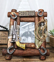 Rustic Western Cowboy Pistol Lantern Horseshoes Ropes Faux Wood Photo Fr... - $39.99