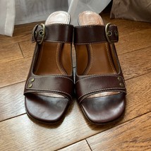 Circa Joan David Sandal Womens 10 Brown Open Toe Side Slip On Heel Leather Shoe - £19.04 GBP