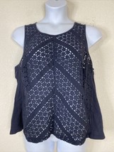 A.n.a Womens Plus Size 1X Sheer Blue/Black Eyelet Scoop Neck Blouse Sleeveless - £10.34 GBP